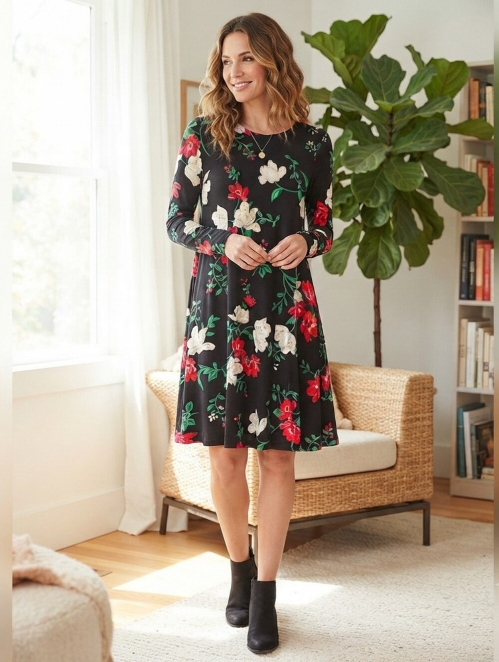 Old Navy XS Black Floral Long-Sleeve Swing Dress